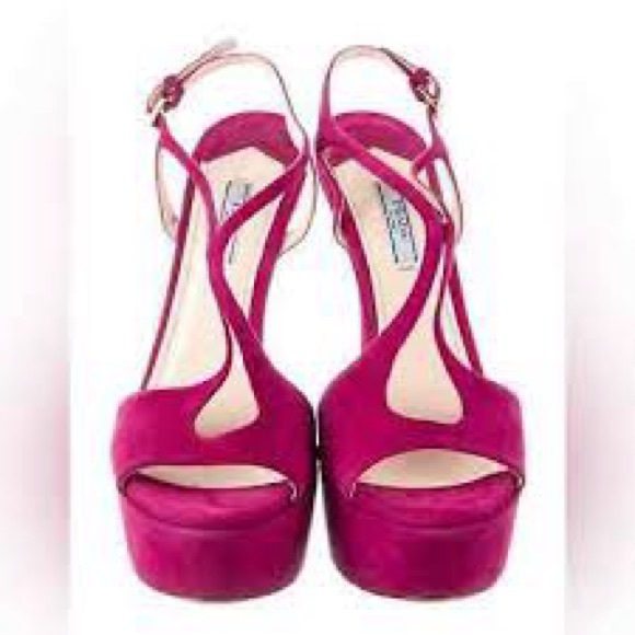 ‼️AUTHENTIC‼️PRADA Suede Magenta Open Toe Wedges 38.5